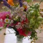 Zdjęcie bukietu zielnego w wazonie. W bukiecie znajdują się różowe, fioletowe i pomarańczowe kwiaty oraz zioła.