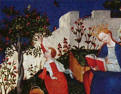 Fragment obrazu "Rajski ogród" anonimowego artysty znanego jako Mistrz Górnoreński. Na obrazie widać czytającą Matkę Boską. Po lewej stronie Dorota z Cezarei zrywa czereśnie.
