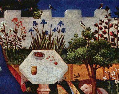 Fragment obrazu "Rajski ogród" anonimowego artysty znanego jako Mistrz Górnoreński. Na obrazie widać stół i kwiaty rosnące pod murem.