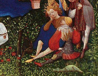 Fragment obrazu "Rajski ogród" anonimowego artysty znanego jako Mistrz Górnoreński. Na obrazie widać Archanioła Michała rozmawiającego ze Świętym Jerzym, u którego stóp leży smok.