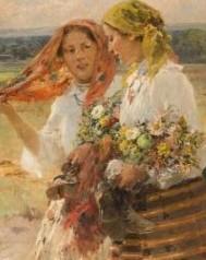 Obraz Zdzisława Jasińskiego "W Święto Matki Boskiej Zielnej". Na obrazie znajdują się dwie kobiety z chustami na głowach, jedna z nich ma kosz z kwiatami.