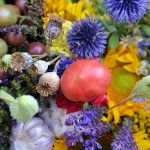 Zbliżenie bukietu zielnego zawierającego pomidora, czosnek, kwiaty w różnych kolorach i zioła.