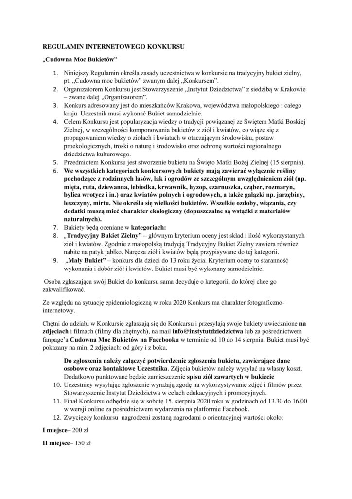 Cudowna Moc Bukietów 2020 - regulamin konkursu (pierwsza strona)