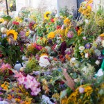 Bukiety zielne ułożone w rzędzie, mają przyczepione karteczki z numerkamI.