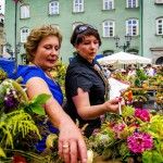 Liliana Sonik i dwie inne jurorki oceniają bukiety zielne podczas konkursu na Małym Rynku w Krakowie. W tle widać fasadę kamienicy.