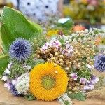 Zbliżenie na bukiet zielny zawierający słonecznik, chabry bławatki i inne zioła i kwiaty.