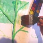 Osoba pokrywa kartkę z namalowanym wzorem unerwienia liścia zieloną farbą.