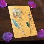 Na stole leży udekorowana kartka okolicznościowa. Kartka została zrobiona przy pomocy suszonych liści i kwiatów. Wokół kartki leżą płatki kwiatu.
