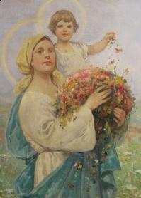 Obraz Adama Setkowicza "Matka Boska Zielna". Na obrazie Matka Boska trzyma na rękach Dzieciątko Jezus i bukiet zielny.