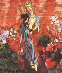 Obraz Józefa Mehoffera "Uśmiechnięta Madonna" w czerwonych barwach.